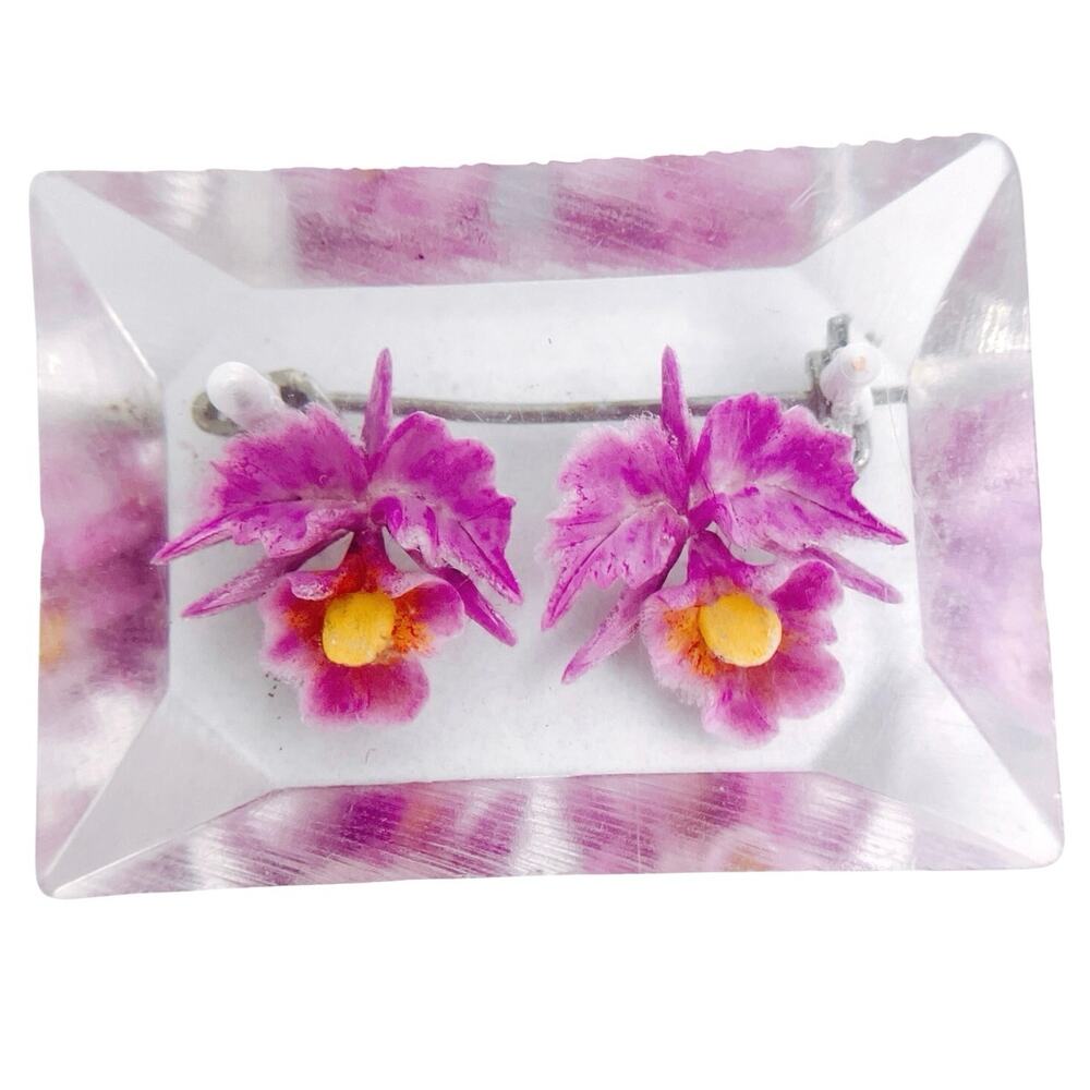 Mid Century Reverse Carved Lucite Orchid Brooch Clear Floral VTG Novelty Jewelry
